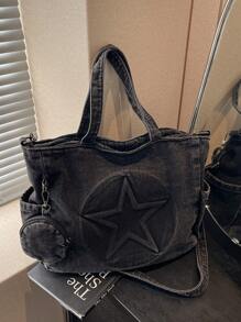 New Fashion Casual Denim Fabric Star Print Women Tote Bag With Coin Purse, Tote Bags For Women, College Essentials