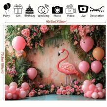 1 stuk roze flamingo- en bloemenballonachtergronddoek - unieke tropische decoratie met levendige rozen, Monstera-bladeren en zachte ballonnen, perfect voor babyshowers, bruiloften, verjaardagen en elegante evenementen, flamingodecoraties