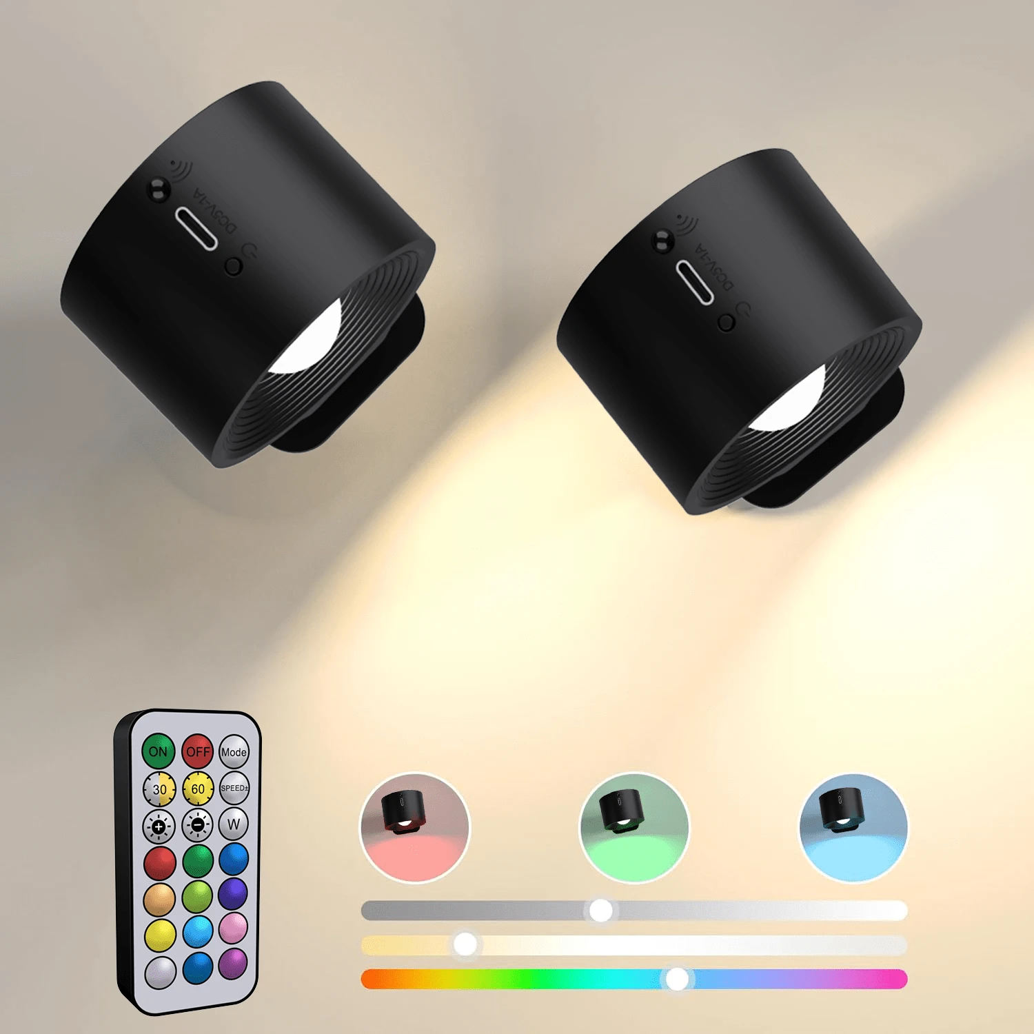 NBBUFF RGB 彩色壁灯卧室，360° 旋转 LED 台式壁灯，2000 MAh，带可充电电池接口，遥控器，可调色彩亮度，适用于客厅、楼梯走道夜灯家居照明、派对、复活节装饰