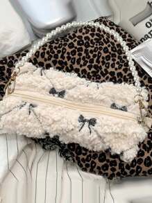 Premium Faux Fur Large Capacity Makeup Bag, Cosmetic Case For Skincare, Coins, Makeup Brushes, Eyeshadow, Lipstick, Ribbon Pen Box, Embroidered Pen Pouch, Female/Student Stationery Organizer, Earphone Accessory Storage