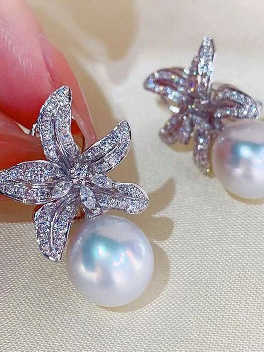 1 par de pendientes de mujer elegantes con incrustaciones de circonita y perla, aptos para uso diario