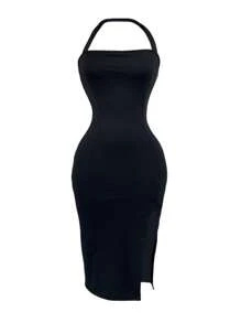 conciso Women Black Summer Sexy Sleeveless Neck-Mounted Side Split Long Prom Wedding Birthday Party Evening Work Elegant Casual Backless Dresses - Black - View 1