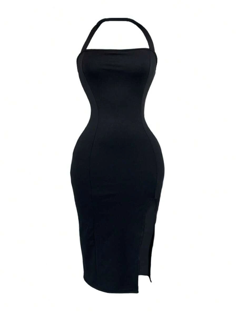 conciso Women Black Summer Sexy Sleeveless Neck-Mounted Side Split Long Prom Wedding Birthday Party Evening Work Elegant Casual Backless Dresses - Black - View 1