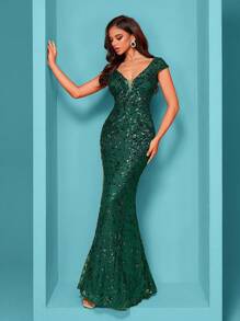 BluePlum Đầm dài mùa hè cao cấp chất lượng, chất liệu co giãn, đính sequin, cổ chữ V, tay ngắn, thiết kế đuôi cá, màu trơn, thanh lịch và sang trọng dành cho nữ, giúp phái nữ trẻ trung và quyến rũ hơn, phù hợp cho nhiều bữa tiệc, lễ tốt nghiệp, đám cưới, sự kiện và các buổi tiệc khiêu vũ, đầm dạ hội trang trọng dành cho nữ (phiên bản cao cấp), đầm dự tiệc, đầm dự đám cưới, đầm dạ hội mùa xuân. - Màu xanh lá cây đậm - Xem 4