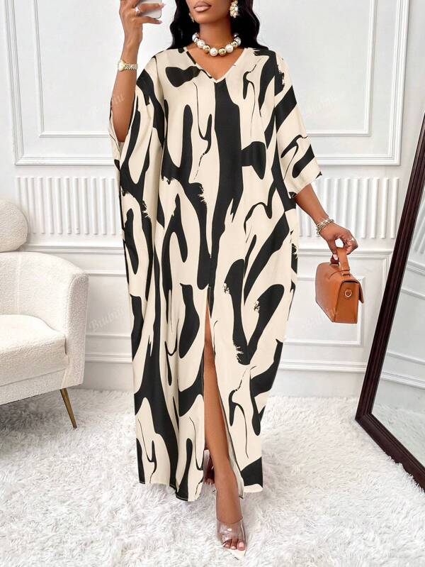 BIUBIU Summer Fashion Elegant Resort Plus Size Women's V-Neck Bat-Sleeve Slit Botanical Print Dress (Random Print)