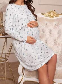 Women Loose Comfortable Ditsy Floral Round Neck Soft Elastic Long Sleeve Nightgown/Dress For Casual/Home Wear, Suitable For Pregnancy & Nursing, Spring/Summer/Autumn