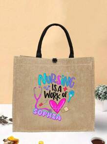 Personalized Nurse Doodle Makeup Bag, Customizable Birthday Celebration Tote Bag, Nurse Gift Ideas, Appreciation Gift, Stylish Shoulder Bag For Women's, Personalized With Name & State, Perfect, Stylish Linen-Colored Gift For Her