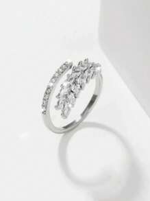 Anillo de diseño abierto de la moda con estilo de espiga decorado con zirconia, anillo de dedo de mujer de cobre lujoso y ajustable