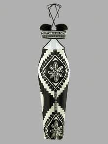 2025 New Arrival European & American Cross-Border Women Floral Print Halter Bikini Set With Sexy Fitted Cover-Up Skirt Swimwear, For Summer Beach Vacation - Multicolor - View 6