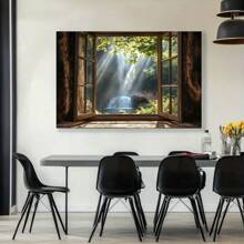 1pc  Wood Framed Waterfall And Forest View Canvas Art, Wall Decor For Office, Bedroom, Kitchen, Living Room - Graceful Light Luxury Style
