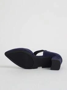 2025 New Korean Elegant Lady Mary Jane Shoes, Velvet Blue, Buckle Strap & Elastic Band Design, Fashionable Chunky Heel Ladies Pumps - Navy Blue - View 7
