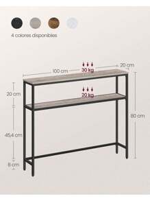VASAGLE Mesa de Consola, Mesa Auxiliar Estrecha, 20 x 100 x 80 cm, Mesa de Entrada Moderna con 2 Estantes, para Sala de Estar, Dormitorio, Greige Mélange y Negro Tinta - Marfil - Ver 5