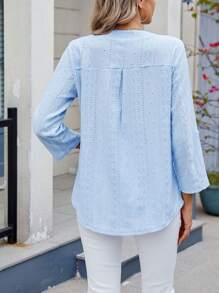 Women Dressy V Neck 3/4 Length Ruffle Sleeve T Shirts Eyelet Blouses Casual Loose Fit Tunic Top - 藍色 - 查看 2