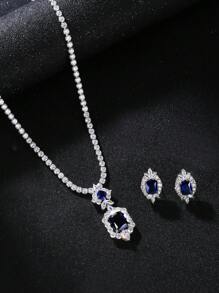 1 Bộ 3 món trang sức vòng cổ và hoa tai Cubic Zirconia, phong cách tối giản thời trang cho đám cưới, tiệc tùng, phụ kiện váy cô dâu - Màu xanh lam - Xem 1