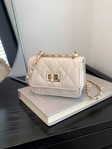 1PC 新款迷你方包女手提包钻石纹拼接单肩包编织链条包翻盖小包可爱斜跨包配饰包 - 菱格斜背包 - 查看 9