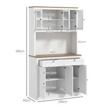 HOMCOM HOMCOM Alacena de Cocina Mueble Auxiliar de Cocina Armario de Cocina con 3 Puertas de Vidrio Compartimento Abierto 2 Cajones y Estantes Ajustables 100x40x180 cm Blanco