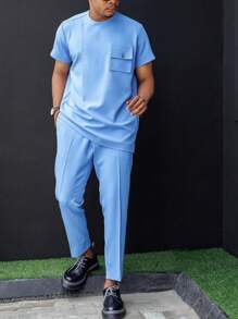 2 peças/conjunto, Novo Dashiki Masculino para Primavera/Verão, Camiseta Manga Curta Sólida com Bolso Azul & Calça com Cintura Elástica, Conjunto Casual Estilo Africano, Streetwear, Festa, Encontro, Casamento, Eventos Culturais, Cerimônias Tradicionais