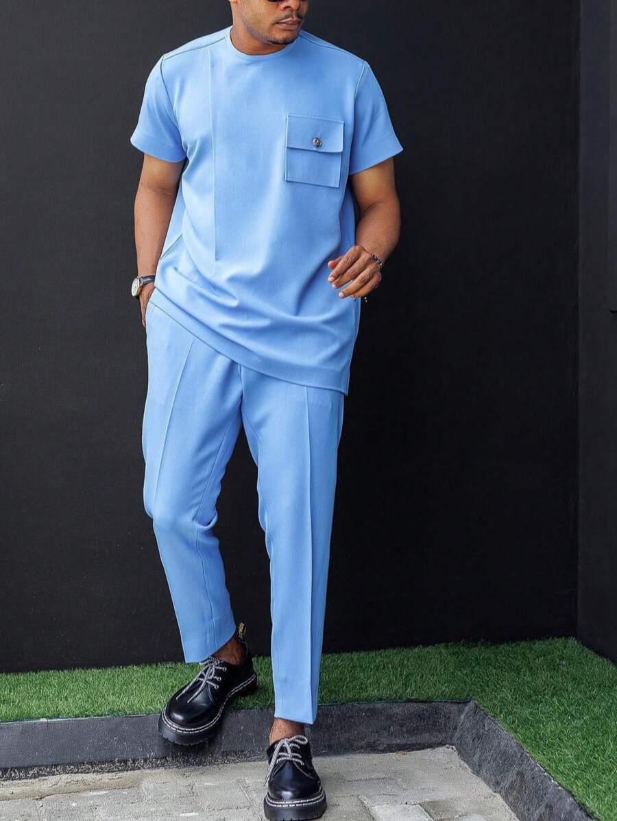 2 peças/conjunto, Novo Dashiki Masculino para Primavera/Verão, Camiseta Manga Curta Sólida com Bolso Azul & Calça com Cintura Elástica, Conjunto Casual Estilo Africano, Streetwear, Festa, Encontro, Casamento, Eventos Culturais, Cerimônias Tradicionais