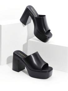 Women Minimalist Chunky Mule Heeled Sandals, Comfortable Platform Slip On Open Toe Block Summer Heeled Sandals - 黑色 - 查看 1