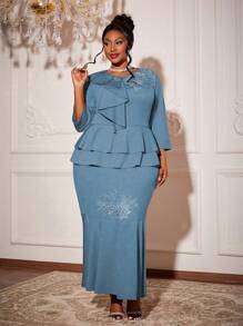 Mgiacy-Lady New Arrival Round Neck Plus Size Ball Dress Floral Hot Fix Ruffle Overlay Mgiacy-Classy Mermaid Bodycon Dress - Blue - View 4