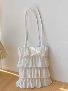 1 Pc White Fabric Casual Fresh Style Foldable Multi-Layer Pleated Open Tote Bag, Large Capacity Suitable For Women In Spring/Summer, College Student School Bag, Teenage Girls Outdoor Shopping Handbag For Phones, Wallets, Lipsticks, Keys, Tissue, Storage Pouch, Fashion Item