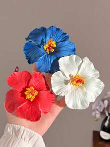Set de 3 piezas/1 pieza de Horquillas para el cabello con flor de Hibisco hawaiano blanca/azul/roja de 4cm/1.57 pulgadas, de moda, versátiles, elegantes, sencillas, de unicolor, adecuadas para salidas diarias, ocio, fiestas, viajes, recogidos, coletas, lavado de cabello, maquillaje y combinación de atuendos