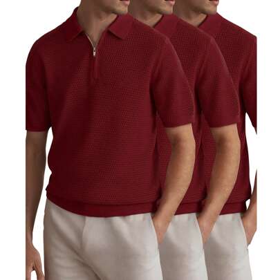 Men's Half Zip Polo Short Sleeve 3-Pack Honeycomb Hollow Casual Knit Polo Lightweight Golf Shirt