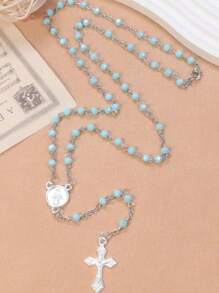 1 pieza Rosario asequible y creativo de cuentas de perlas acrílicas de colores, colgante de cruz religiosa cristiana católica de Jesús, collar de etiqueta de perro de sacerdote de aleación vintage