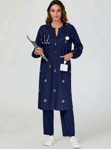 cimmuovere Casual Print V-Neck Long Sleeve Loose Side Split 3-Pocket Top With Elastic Waist 2-Pocket Solid Color Pants, 5 Pockets Scrub Uniform Set - Light Wash - View 3