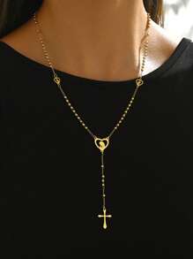 1pc Punk Hiphop Stainless Steel Geometric Human Cross Pendant Long Necklace, Suitable For Party, Gathering, Festival Wear