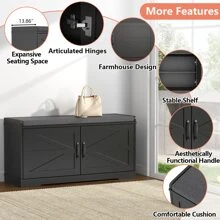 Shoe Cabinet, Entryway Storage Bench, 2 Tier Shoe Cabinet White Entryway Bench With Soft Seat And Barn Door, Ultra-Thin Shoe Cabinet Bench For Entryway, Living Room, Bedroom - màu đen - Xem 3