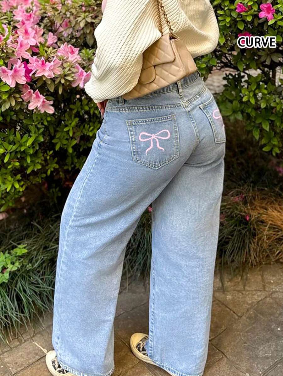 New European And American Street Pink Bow Back Pocket Embroidery Personalized Women's Plus Size Mid-Rise Straight Jeans With Elastic Waist