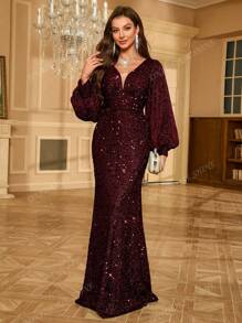 UNITHORSE Vestido de fiesta con escote en V profundo, bajo de sirena, mangas farol brillantes para mujer. Vestido formal para invitada de boda, vestido de novia, conjunto de cumpleaños, vestido de graduación, vestido de gala.