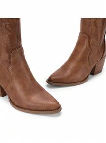 Knee High Boots Women, Pull On Zipper Chunky Heel Pointed Toe Embroidered Western Cowgirl Cowboy Boots Christmas Fall - 摩卡棕 - 查看 8