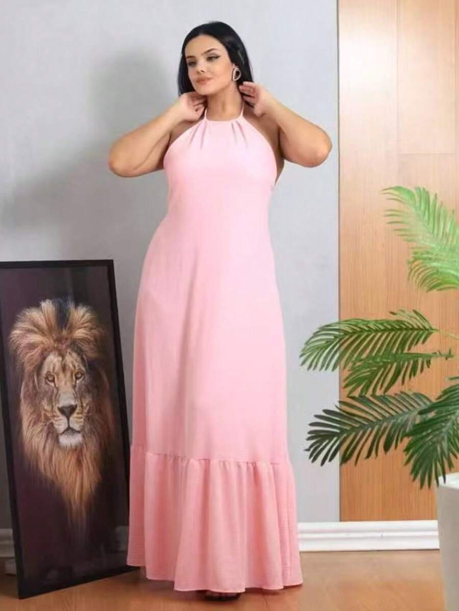 Women's Halter Backless Dress With Padded Cup H-6 - Rosa Pálido - Ver 1