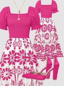 Women's Bright Floral Print Waist Splice Vacation Dress, Summer - Hot Pink - View 2