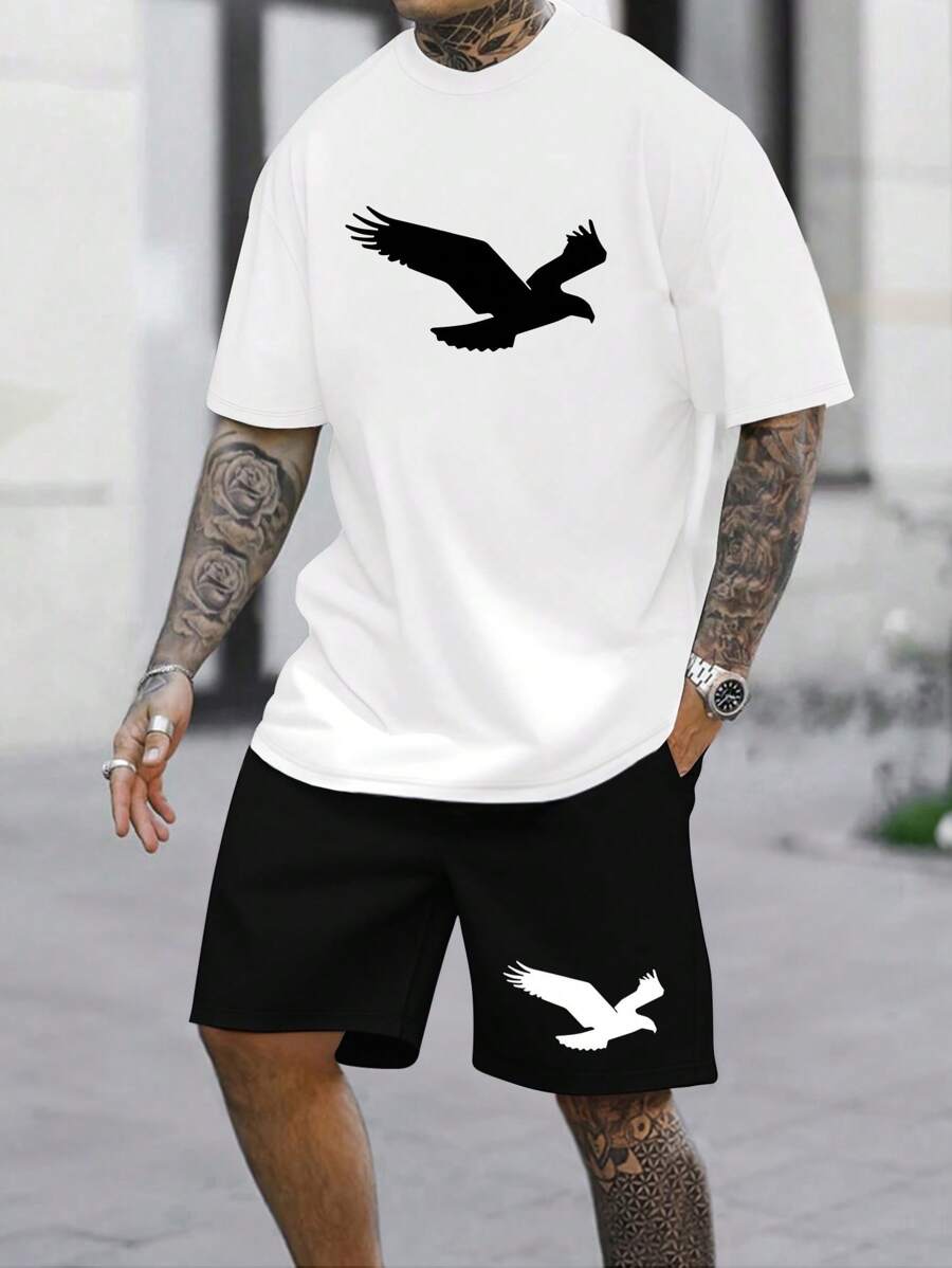 2 Piece Set Men's Summer White T Shirts Black Shorts Outfits, Casual Tops Athletic Pants, Eagle Graphic Tees, Short Sleeve, Crew Neck,Drawstring Waist - White - View 1