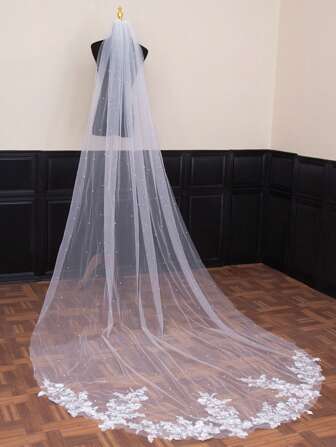 1 件串珠新娘面纱，蕾丝长款，优雅简约婚礼摄影配件