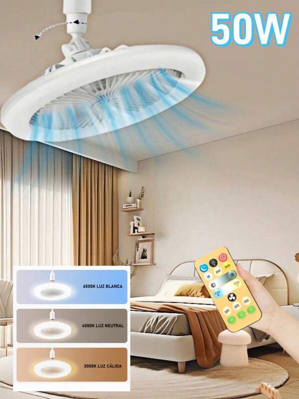 50W  Ventilador de techo de anillo LED,Ventilador de Techo con Control Remoto de Luces,3 Velocidades,E27,Con Función de Temporizador,Brillo ajustable,para Cocina/Baño/Dormitorio