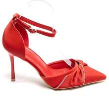 Peep Toe High Heels With Ankle Strap And Ruffle Details, Embellished With Rhinestones - Red - View 3