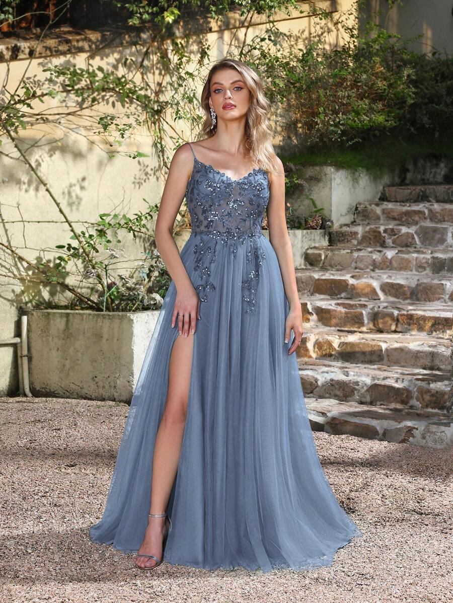 Babyonlinedress BABYONLINE D.R.E.S.S. Tulle Beaded Prom Dresses For Women 2025 Lace Applique Formal Evening Dresses Spaghetti Straps A-Line Puffy Ball Gown - Màu xanh bụi bặm - Xem 1