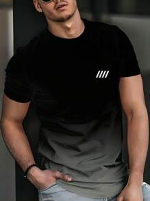 Camiseta casual de manga corta para hombre, con diseño minimalista personalizado de 4 rayas en degradado de negro a gris, transpirable