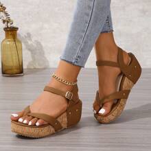 Women's Strap Open-Toe Chunky Platform Sandals, Brown, Spring/Summer