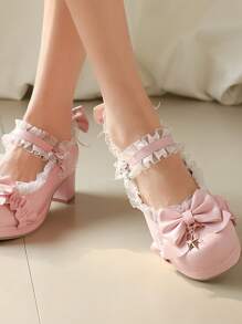Sweet & Cute Fashion Bowknot Lace Trim Five-Pointed Star Decor Crisscross Strap Platform Heels, Adorable Doll Shoes, Elegant Wedding Formal Heels, Fashionable Ballet Style Heels, Versatile Ballroom Heels, Cute Solid Color Mary Janes Heels, All-Season Formal Dress Heels, Comfortable & Breathable High Heels