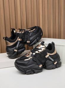 Women's Black Patchwork Metallic Front Lace-Up Hollow Platform Sneakers, Versatile & Comfortable Non-Slip Outdoor Running Casual Shoes - Black - View 10