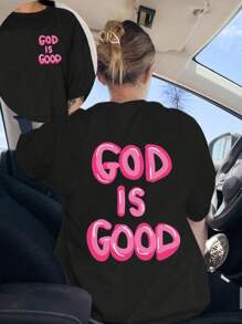 Große Größen "Gott ist gut" Christlicher Frauen Rundhals Kurzarm T-Shirt, bequeme lässige Passform, rosa Schriftzug Grafik vorne und hinten, minimalistische Stil Bekleidung