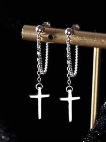 1 Pair Unique High-End Cross Chain Earrings, Cubic Zirconia Stud Earrings, Edgy & Elegant Style, Suitable For Men And Women