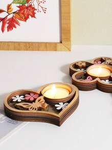 1pc, Wooden Flowers, Butterflies, And Hearts Shape Candle Holder, Wooden Crafts Candlestick, Festival Desktop Home Decor, Party Supplies Gifts Birthday Graduation,Wedding