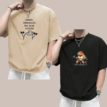 Kit 2 Women's T-Shirts Men's T-Shirt Printed Fitness Weight Training Woman Man Summer Oversized T-Shirt - Đen/Khaki - Xem 2