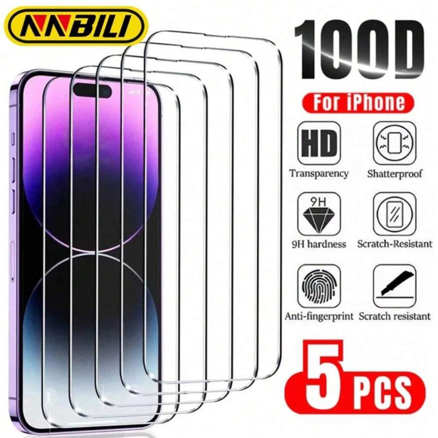 Bộ 5 miếng dán màn hình cường lực, tương thích với iPhone 14/13/12/11/15/16/17 Pro Max Mini, và cả 16e/XR/X/XS Max/7/8 Plus/SE (Lưu ý: Sản phẩm này sử dụng kính cường lực trong suốt, không thể che phủ phần viền đen của điện thoại. Vui lòng xem video hướng dẫn và hình ảnh sản phẩm).